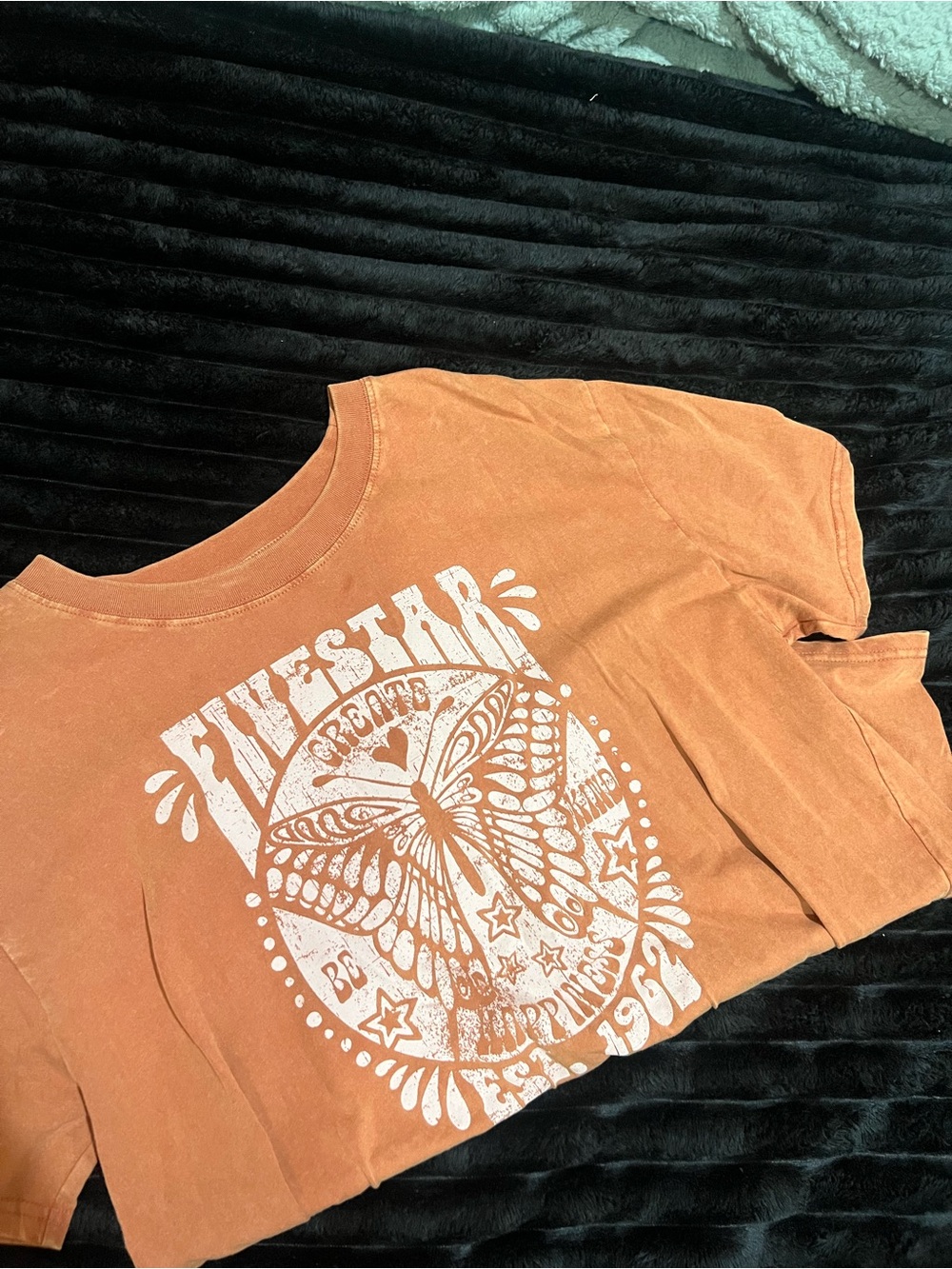 Five Star Burnt Orange Short Sleeve Tee with Light Pink Butterfly Graphic